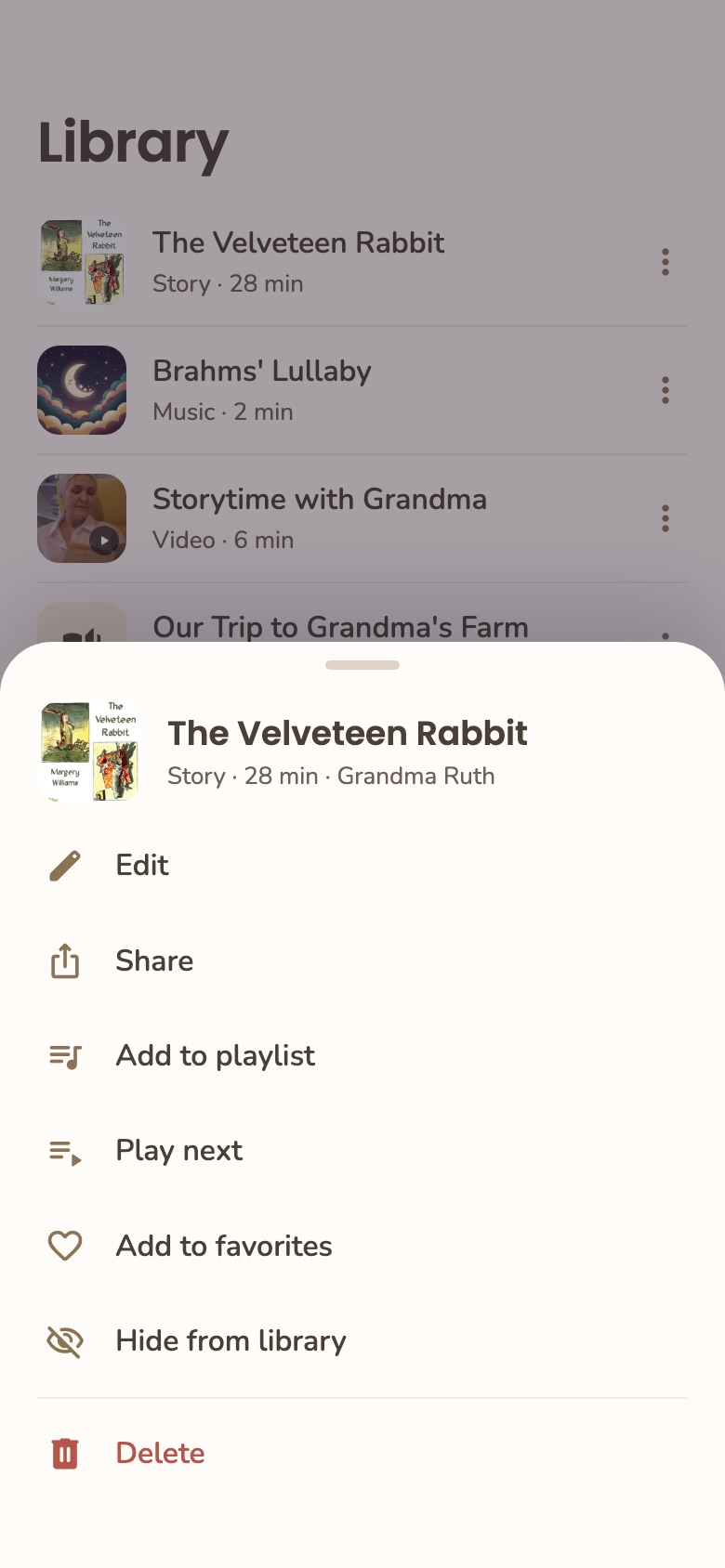 Recording options: edit, share, add to playlist, play next, add to favorites, hide from library, delete