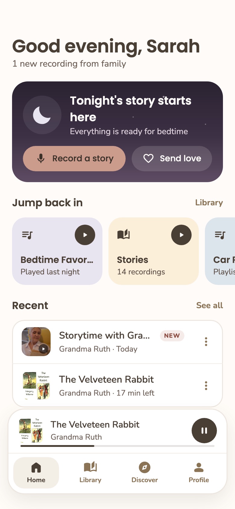 Sleepy Moon Home screen: Good evening, Sarah, with tonight's story card and recent stories from Grandma Ruth