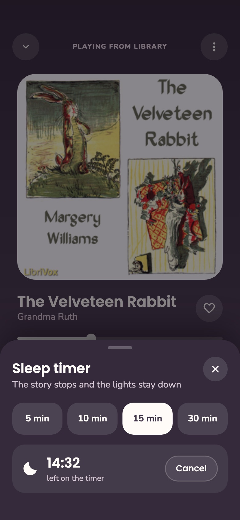 The Sleepy Moon sleep timer set to 15 minutes over the player