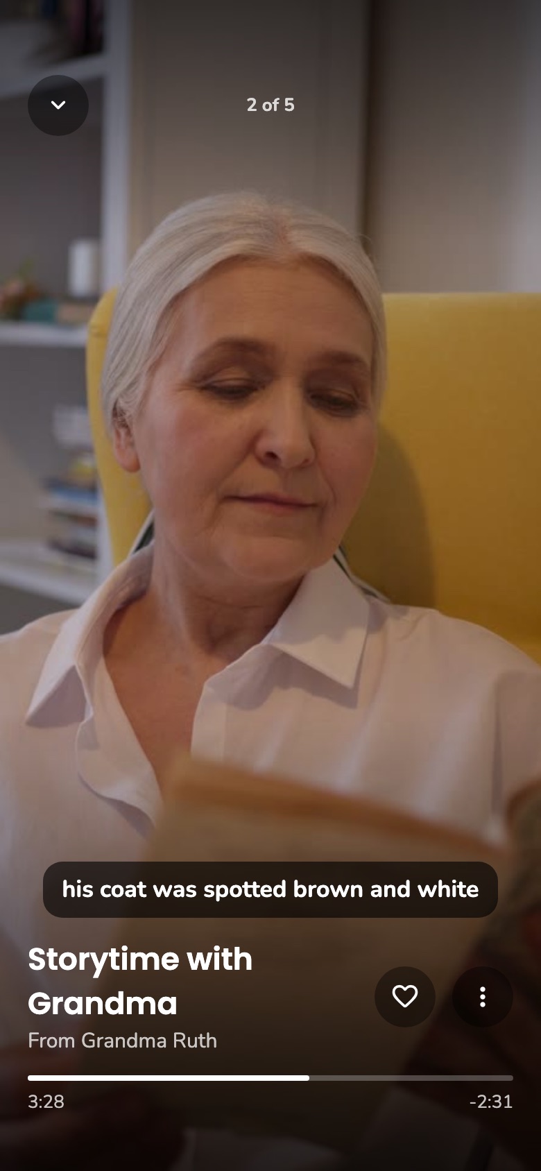 Grandma Ruth reading a video story with a caption on screen