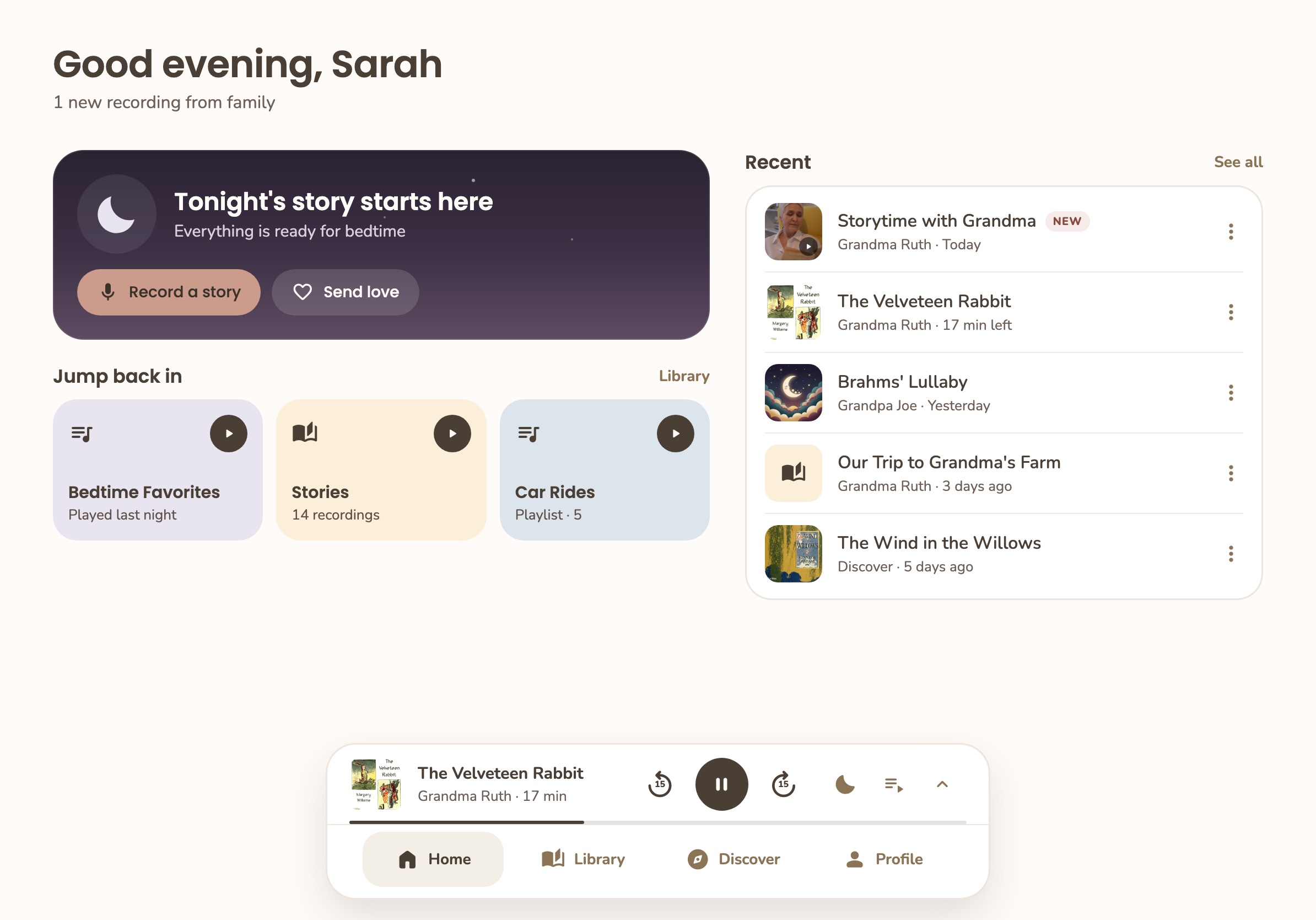 Sleepy Moon on iPad: Home with tonight's story card, playlists and recent recordings side by side
