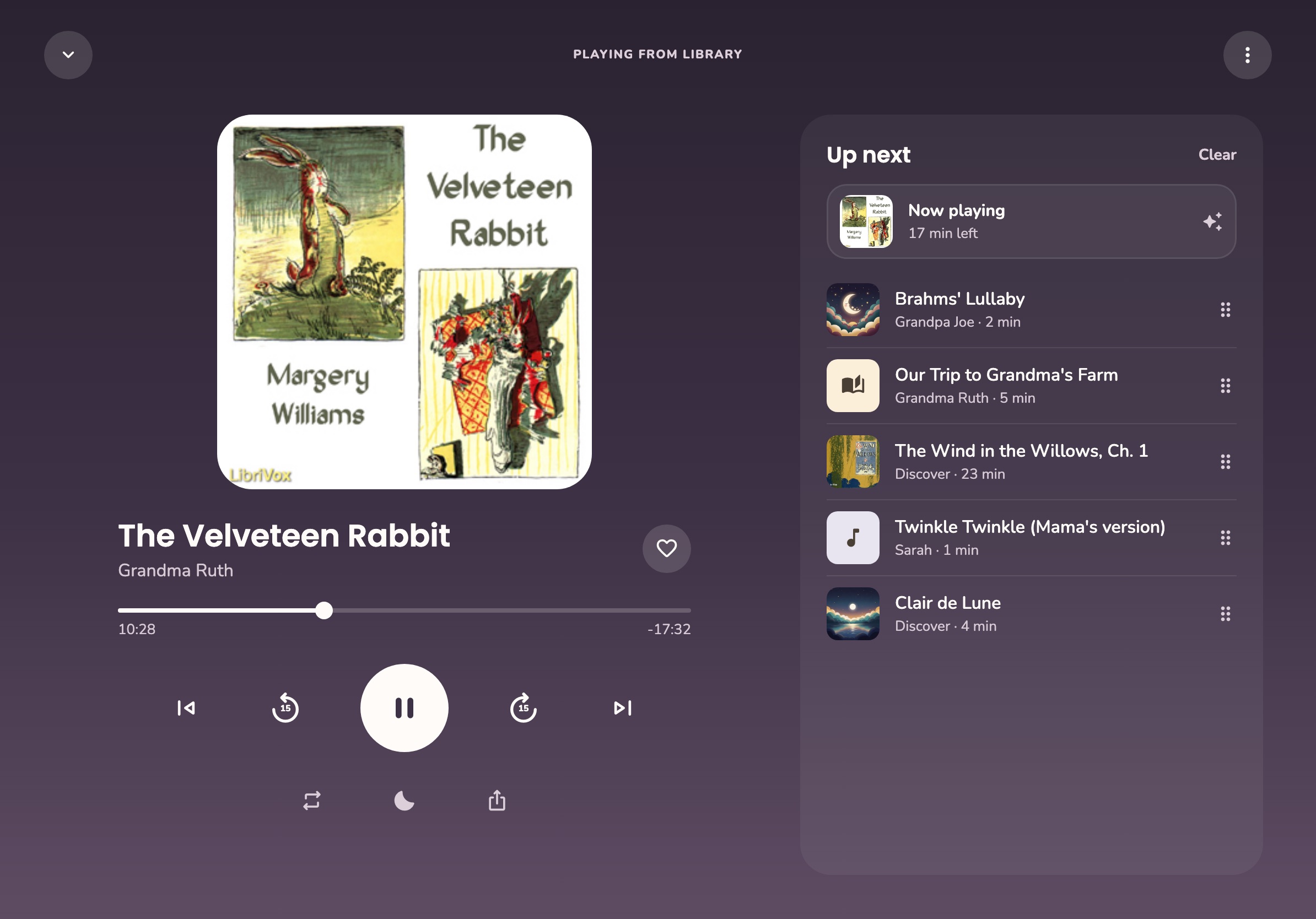 Sleepy Moon on iPad: the night player with the Up next queue beside it